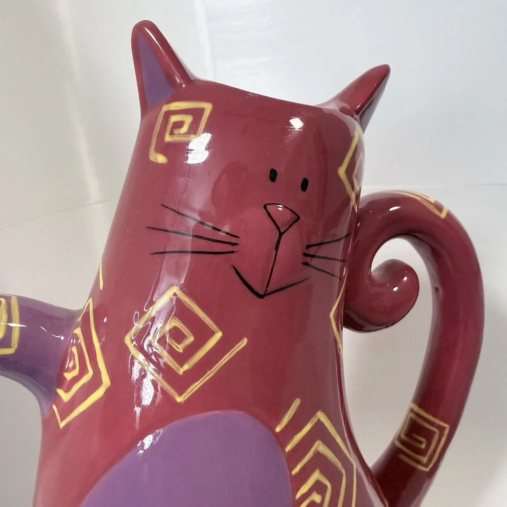 Ganz Bella Casa Ceramic Cat Pitcher Teapot Maroon Spiral Rare BC12763